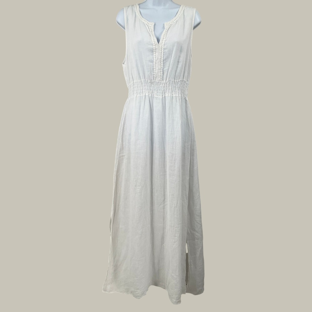Terzo Millennio Maxi Dress Women L White Linen Smocked Waist Boho Coastal Italy